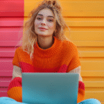 a woman sitting on the floor with a laptop