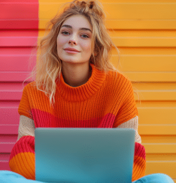 a woman sitting on the floor with a laptop